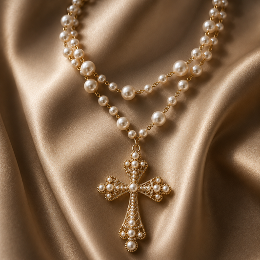 Luxurious Elegant Pearl Cross Necklace in 3 Colors
