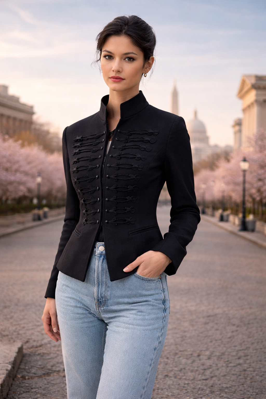 LaurenNichole Aura La’Vintage Chinese Knot Cropped Jacket – Chic Structured High Street Statement Coat