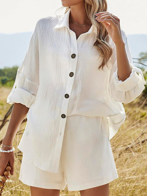 Chic Texture Button Up Shirt / Shorts Outfit