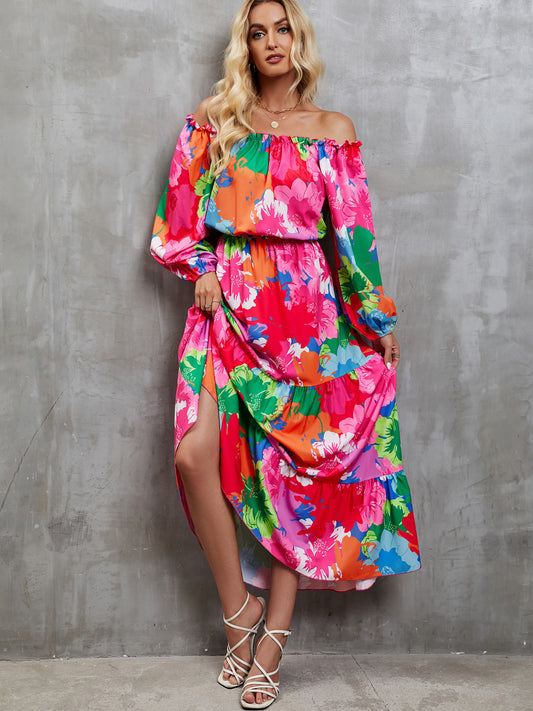 2 Floral Balloon Sleeve Tiered Dress