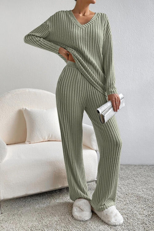 Ribbed V-Neck Shirt / Pants Outfit ( S - 2X )