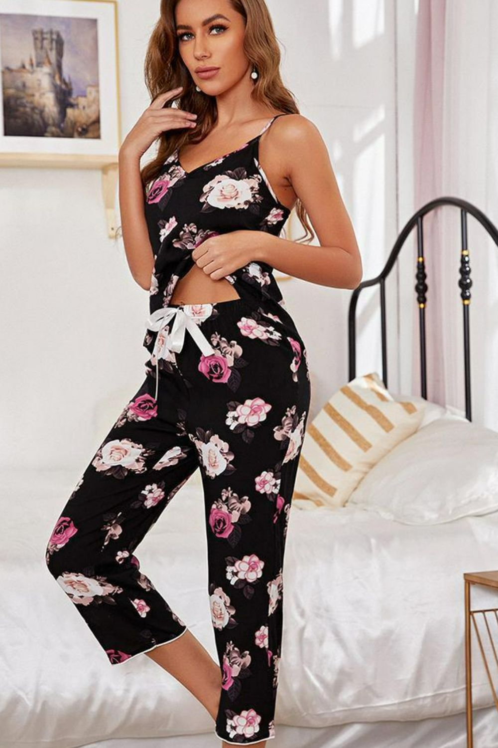 Comfy Floral Lounge V Cami and Pants Outfit