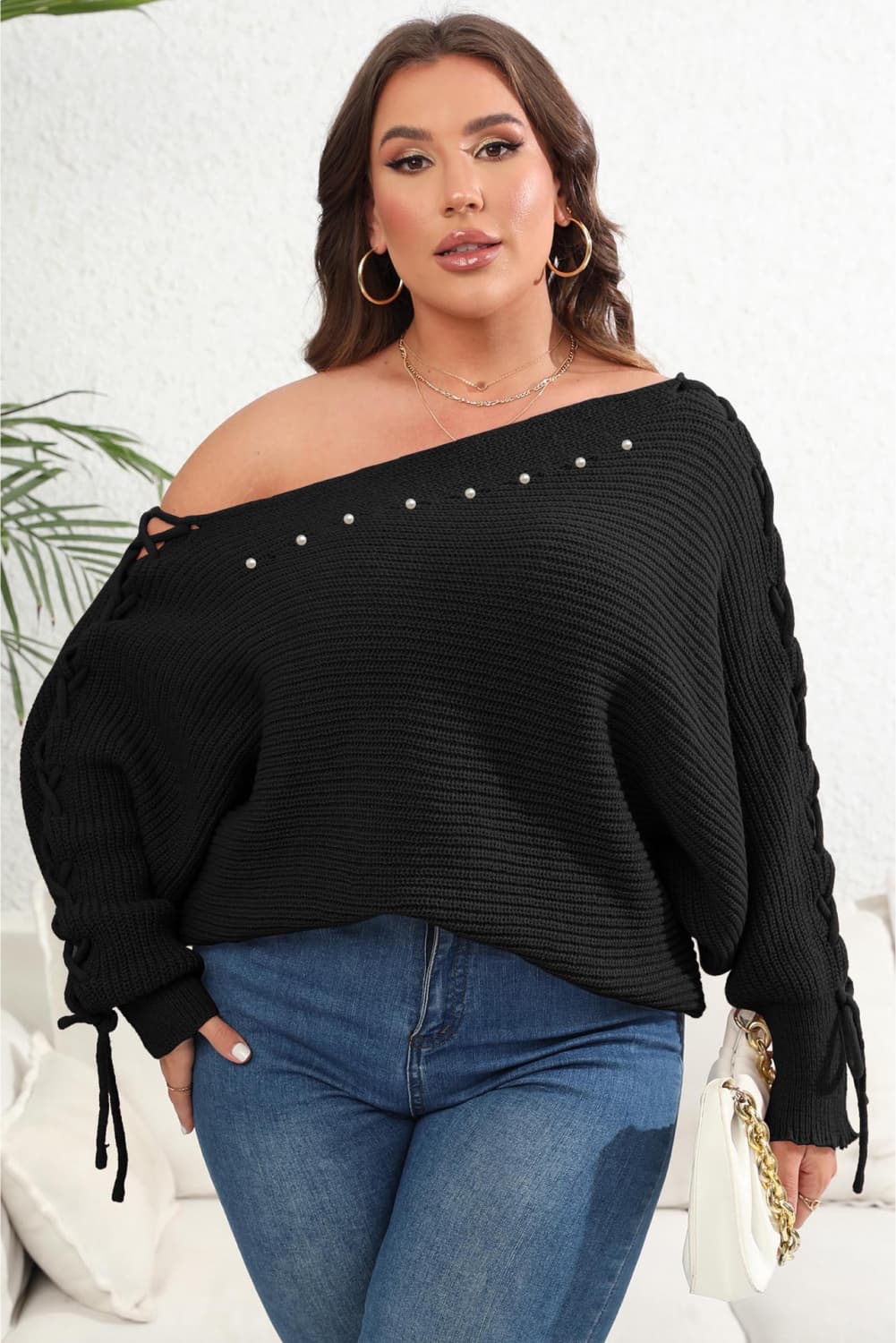 2 Chic One Shoulder Beaded Sweater ( 1X - 3X )