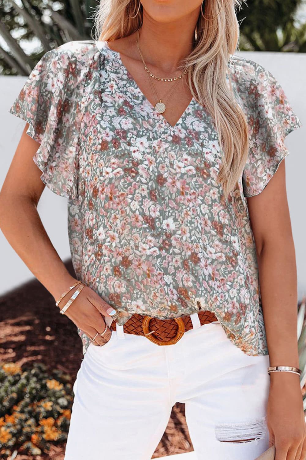 Chic Floral Flutter Sleeve Shirt ( 8 Colors / S - 2X )
