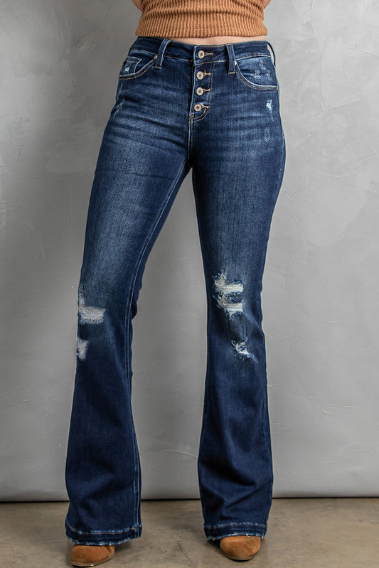 Button Distressed Bootcut Jeans