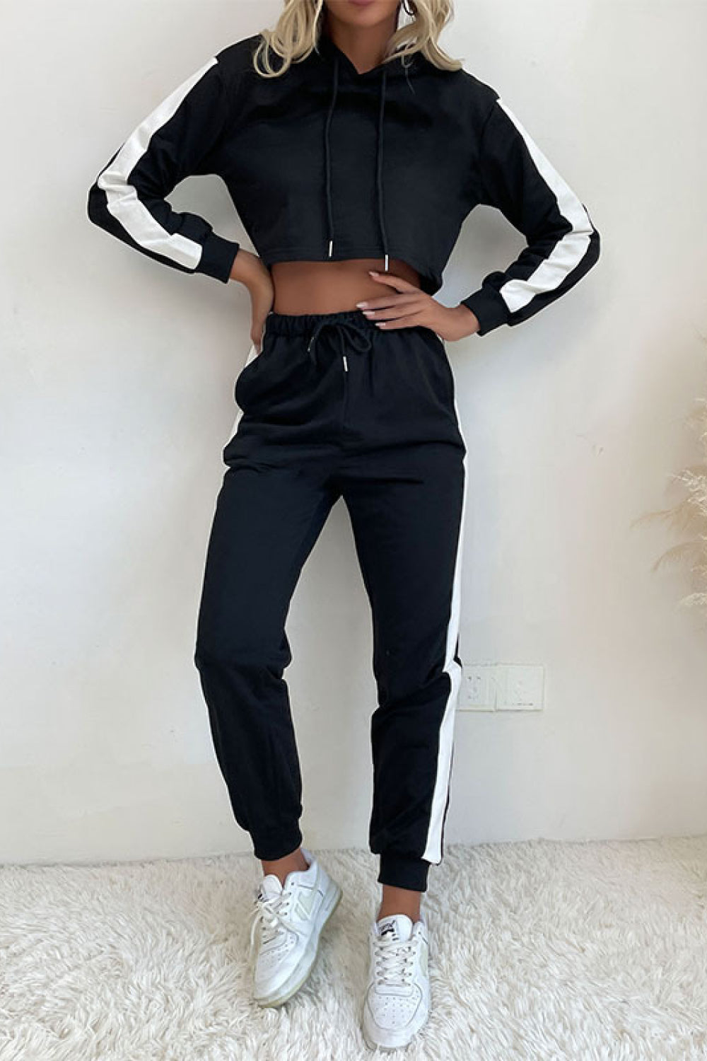 Stripe Cropped Hoodie Jogger Outfit