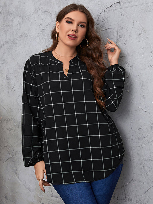 Notched Neck Long Sleeve Shirt ( 1XL - 4X)