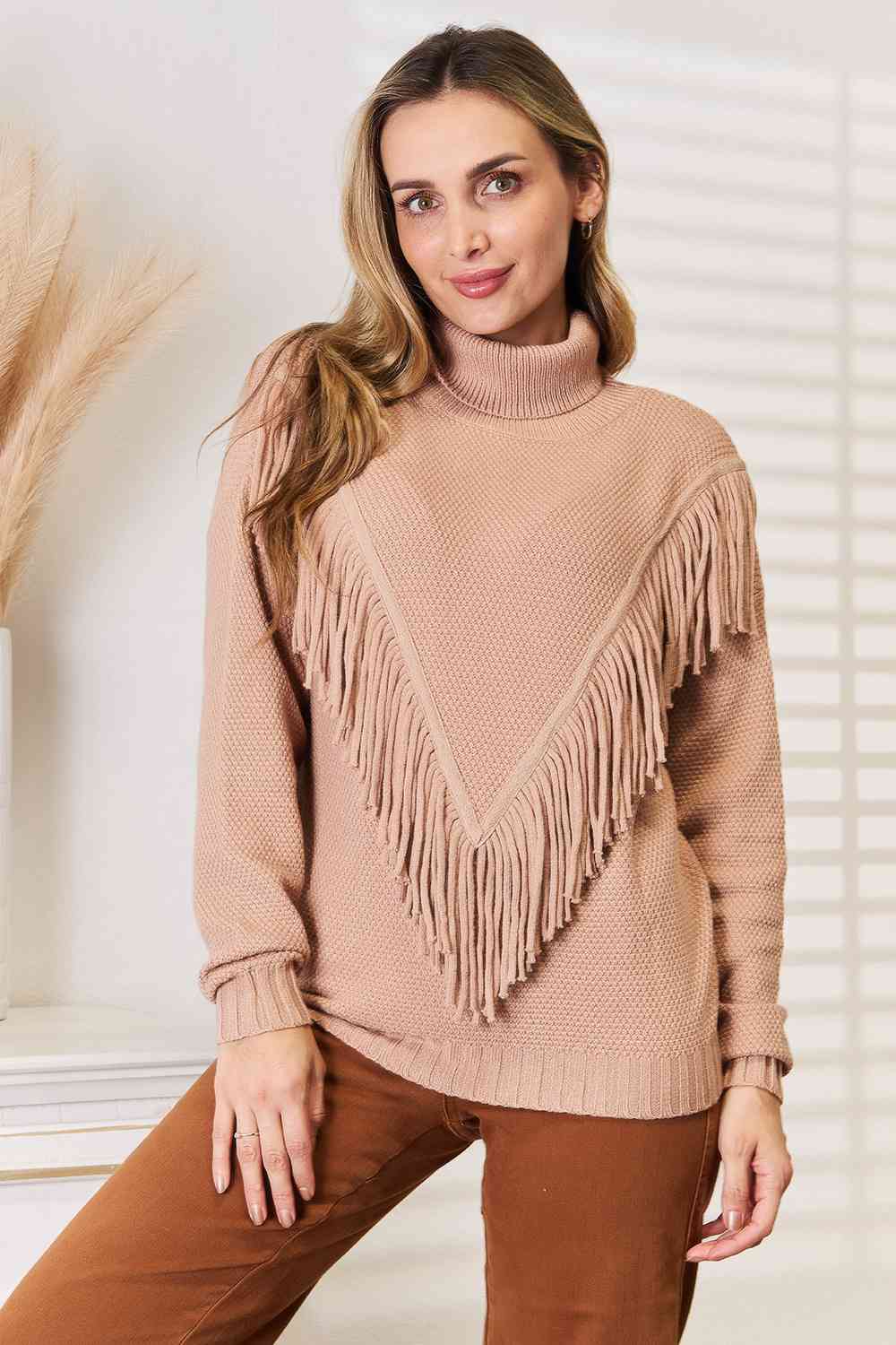 Woven Turtleneck Fringe Sweater