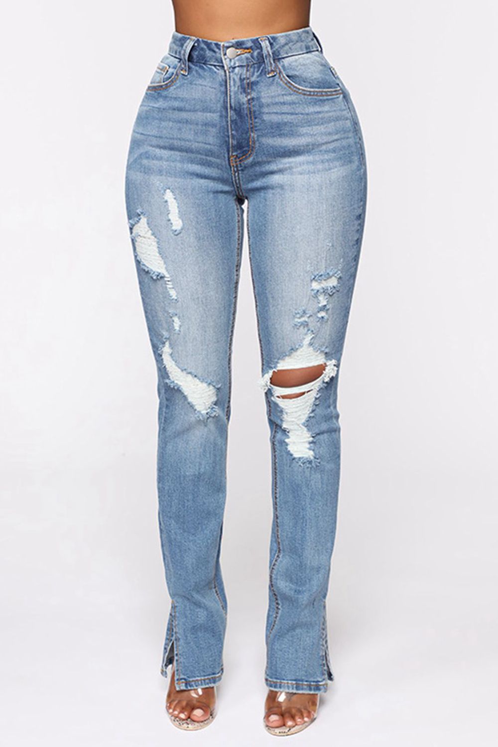 Distressed Slit Jeans ( S - 2X )