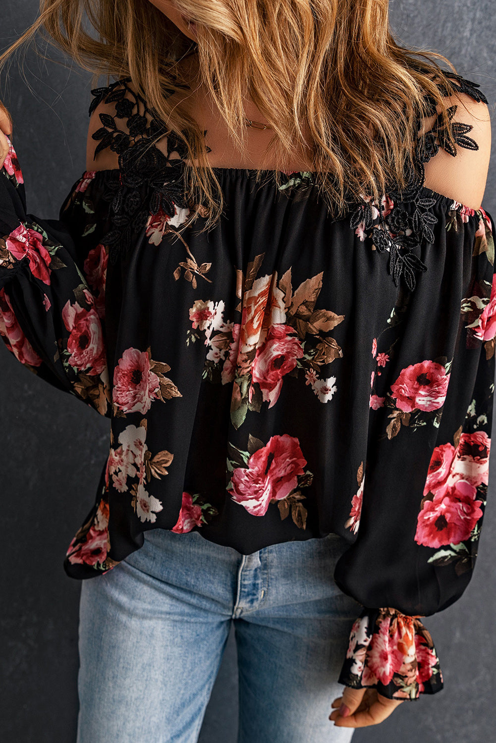 Black Floral Lace Lantern Sleeve Shirt