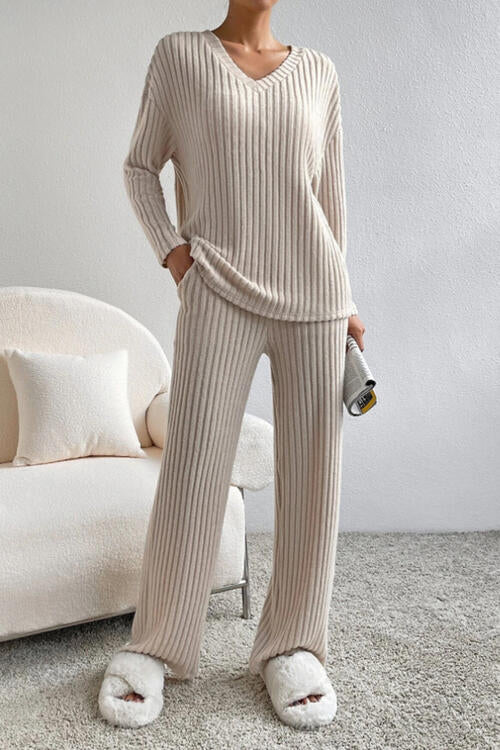 Ribbed V-Neck Shirt / Pants Outfit ( S - 2X )
