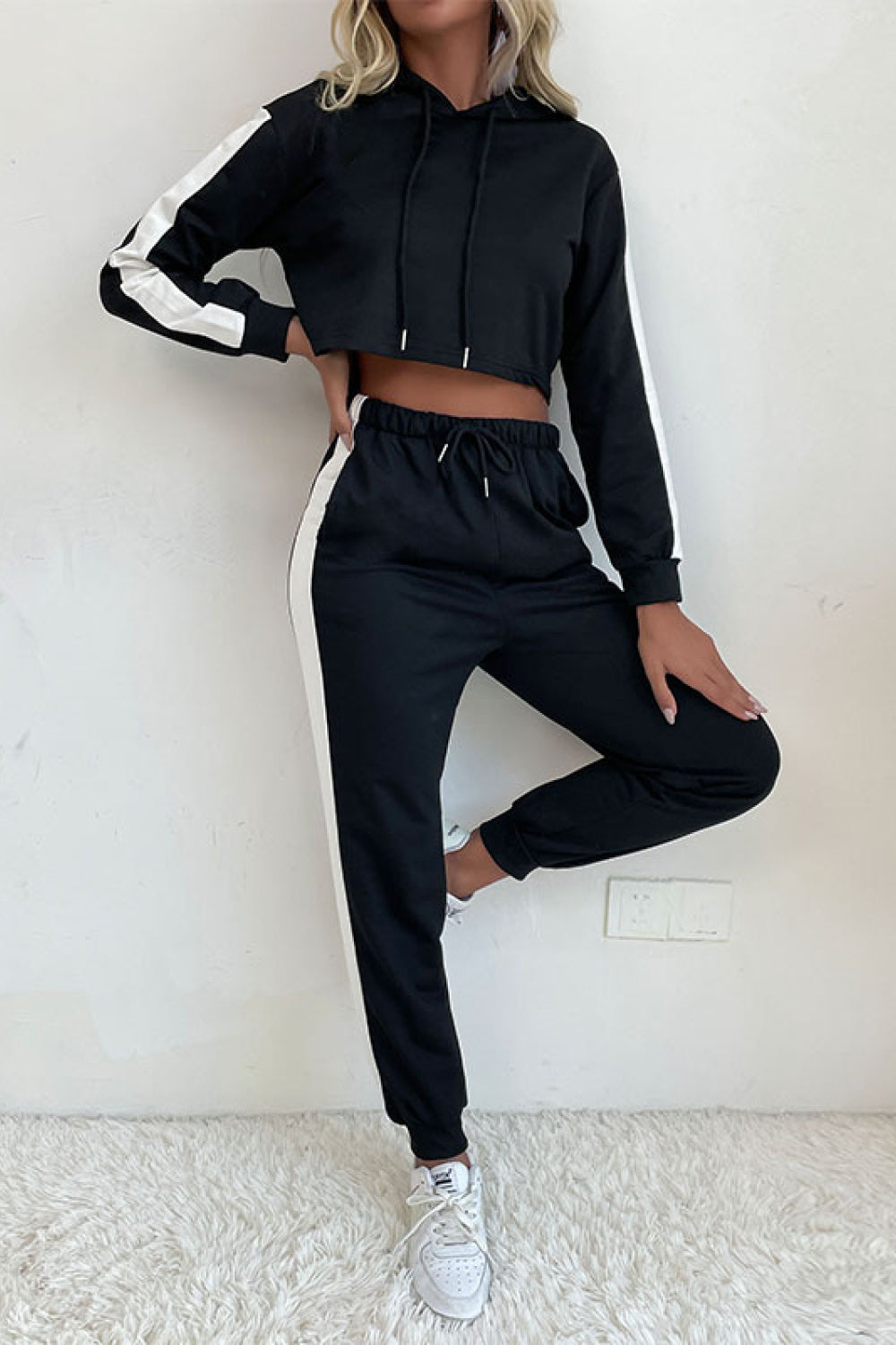 Stripe Cropped Hoodie Jogger Outfit