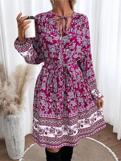 Elegant Floral Tie Balloon Sleeve Dress