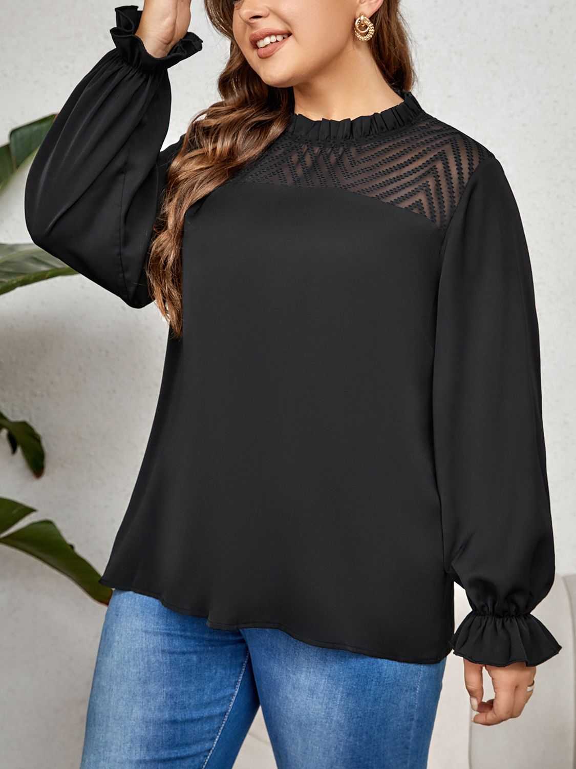 Elegant Black Flounce Sleeve Shirt ( 1X - 4X)