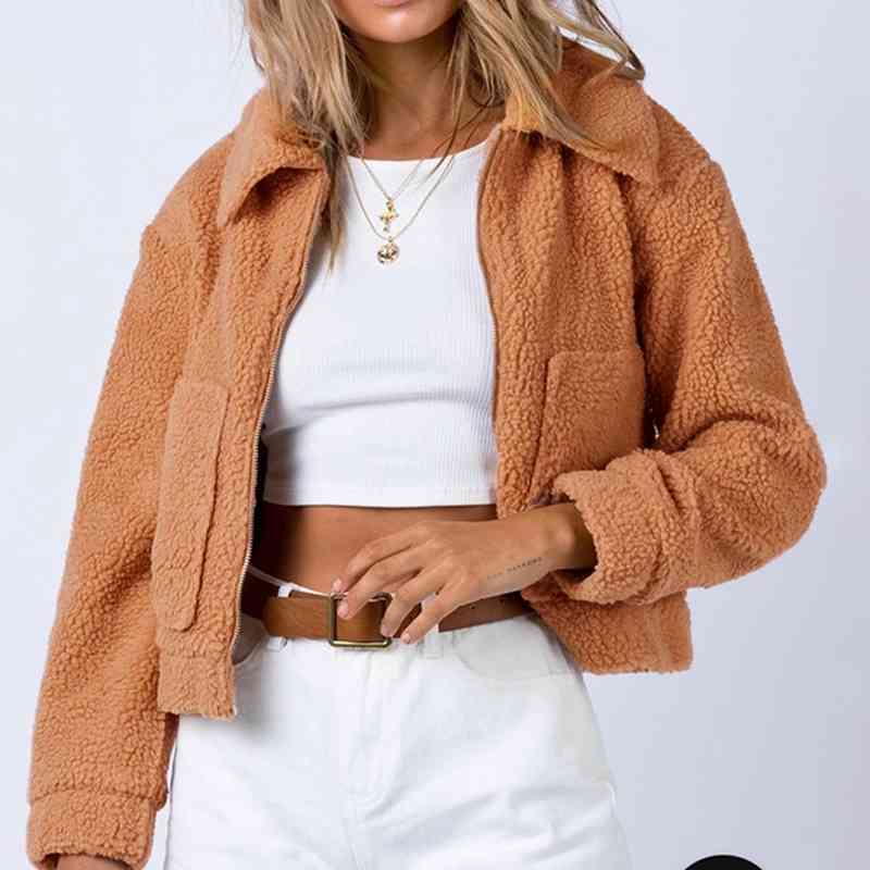 3 Collared Cropped Sherpa Jacket