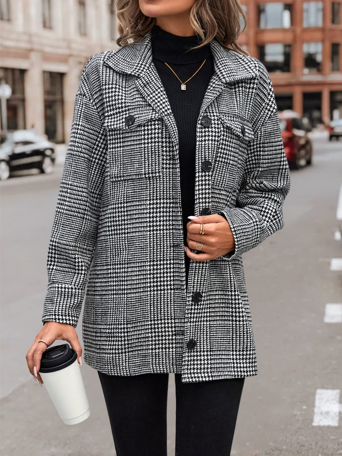 Classy Houndstooth Collared Jacket ( S - 2X)