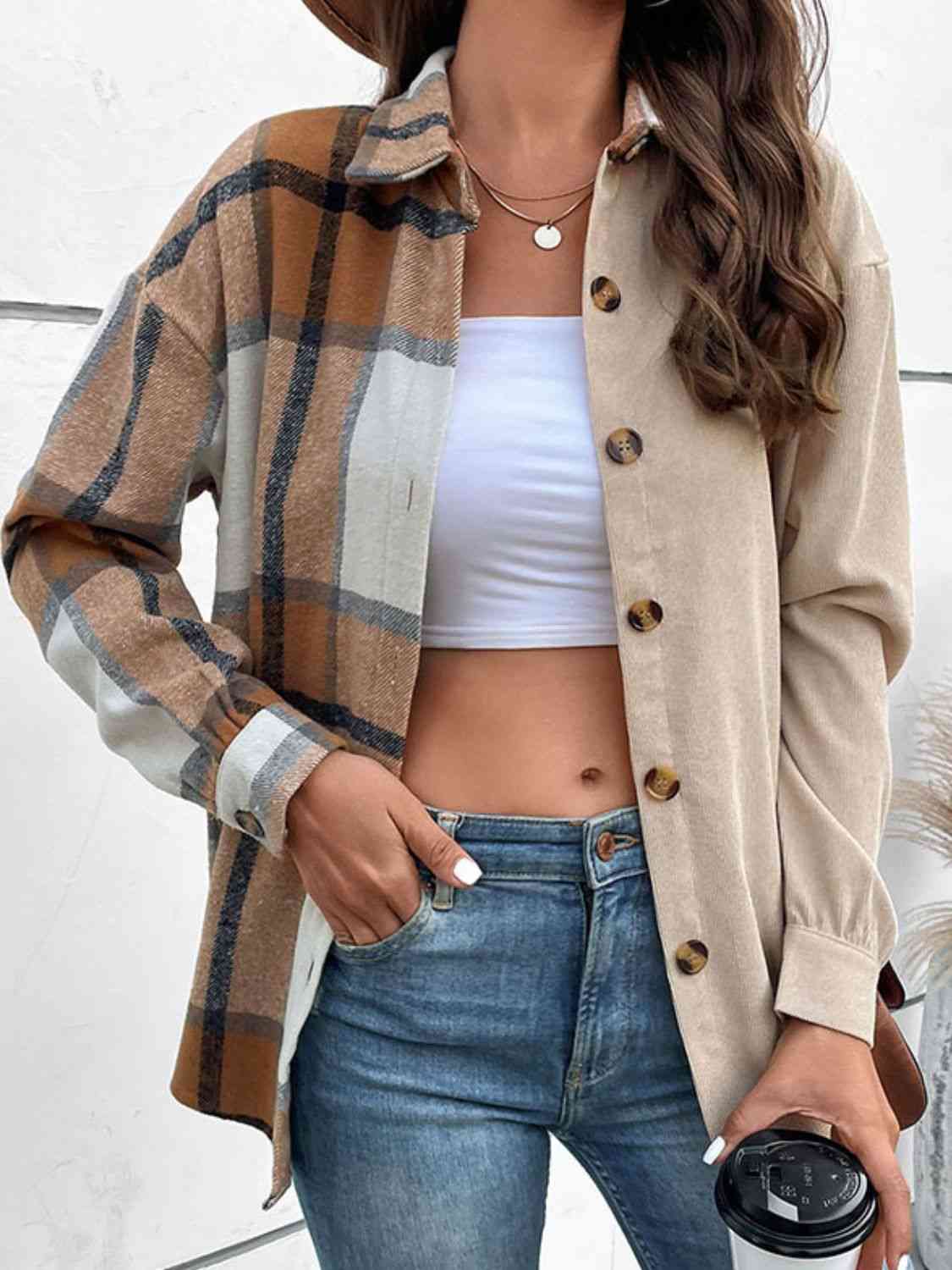 Casual Collared Colorblock Plaid Shirt