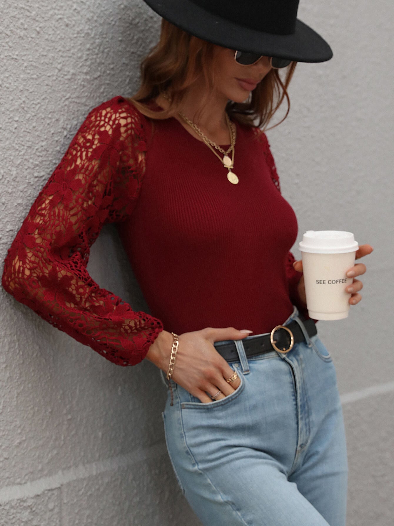 Classy Lace Sleeve Ribbed Top ( 6 Colors )