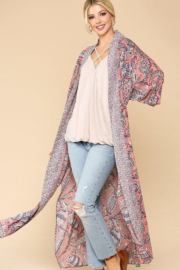 Mix-printed Open Front Kimono With Side Slits - LaurenNichole