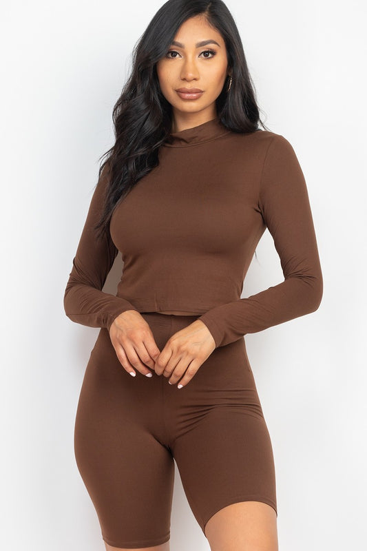 LaBody Mock Neck Top and Biker Shorts - Chocolate Brown