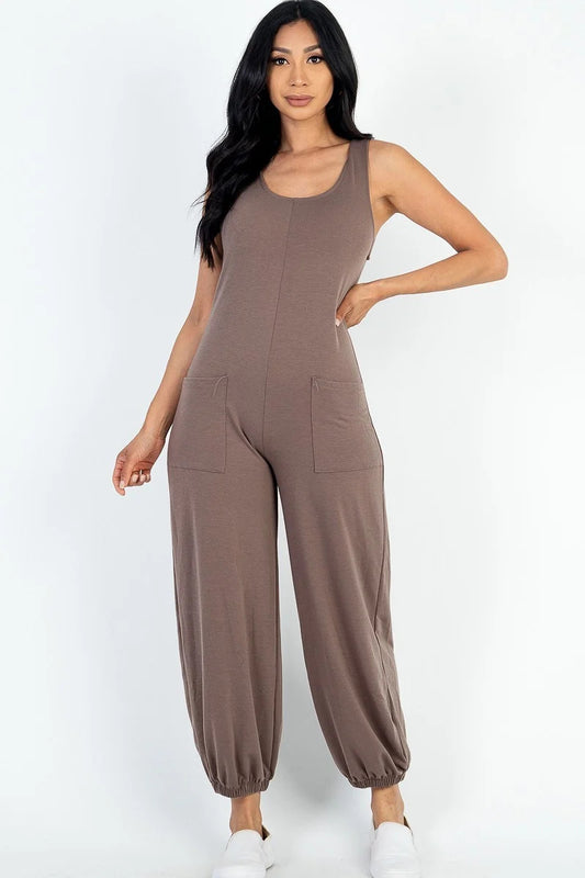 Casual Taupe French Terry Sleeveless Jumpsuit