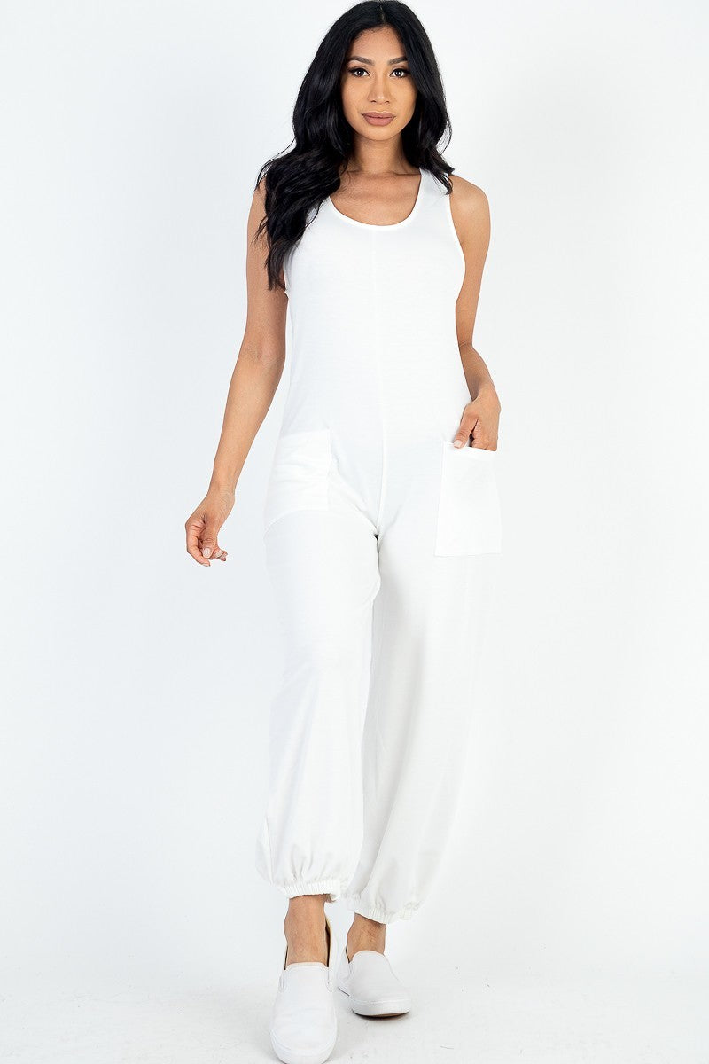 Casual White French Terry Sleeveless Jumpsuit