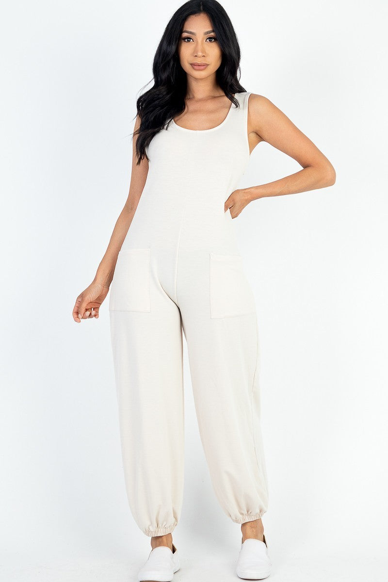 Casual Beige French Terry Sleeveless Jumpsuit