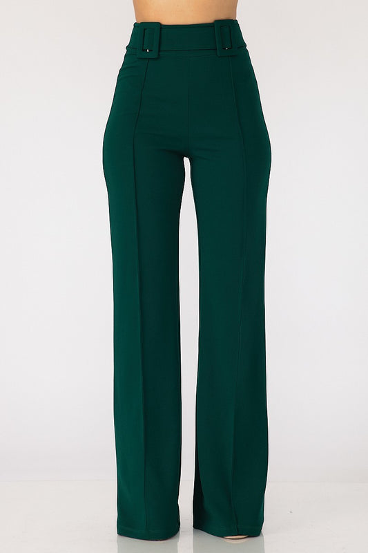 Classy High Waist Buckle Pants - Green
