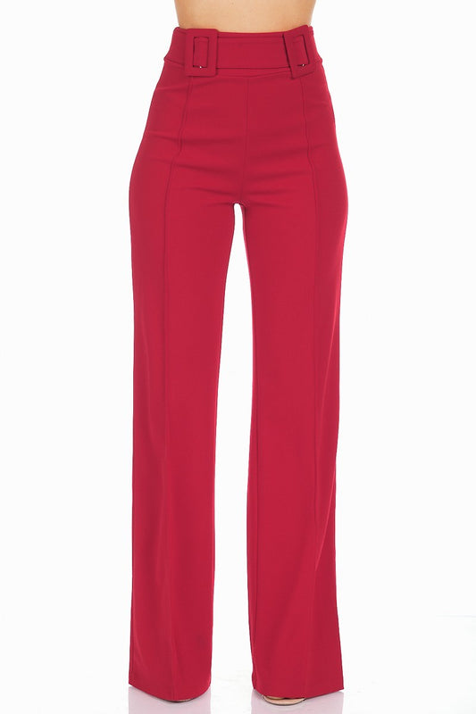 Classy High Waist Buckle Pants - Red