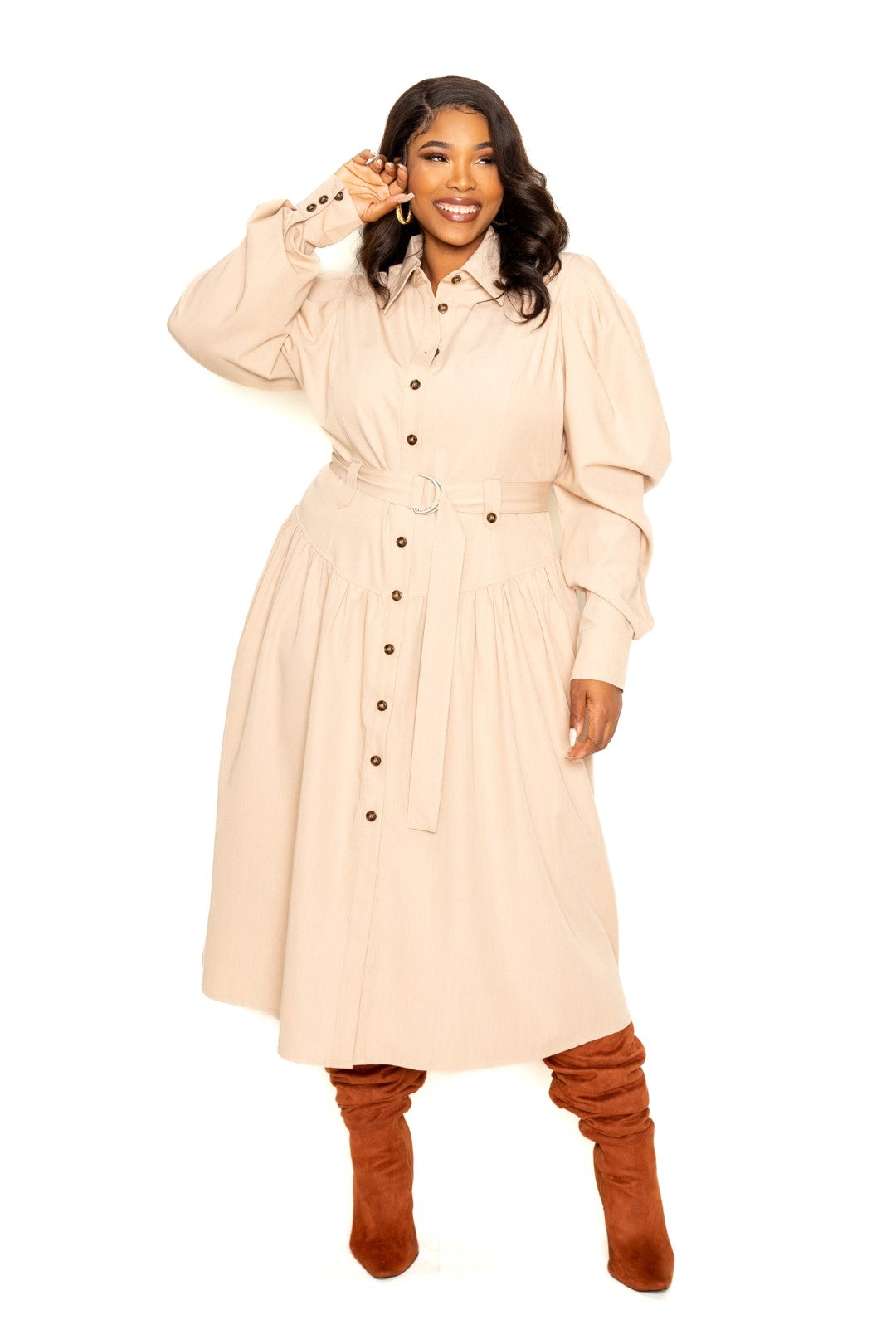 Puff Sleeve Trench Coat Dress (XL - 3X)