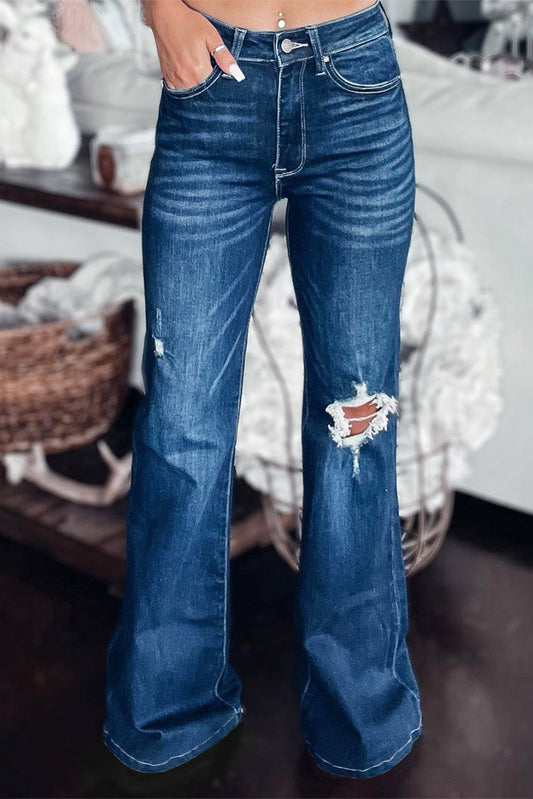 Chic Asymmetrical Distressed Flare Jeans