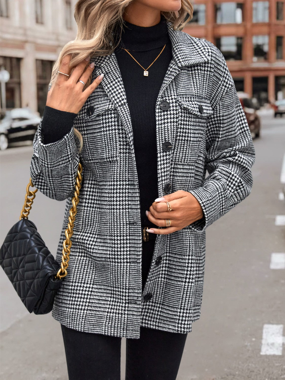 Classy Houndstooth Collared Jacket ( S - 2X)
