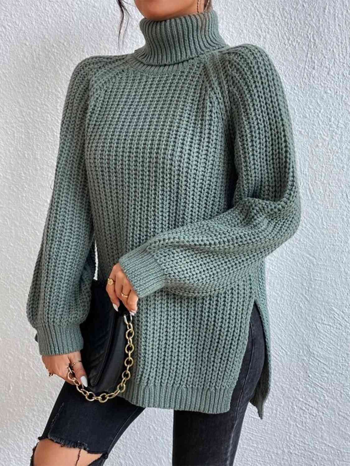 12 Turtleneck Rib-Knit Slit Sweater (S-3X)