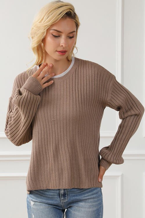 Ribbed Contrast Round Neck Slit Sweater