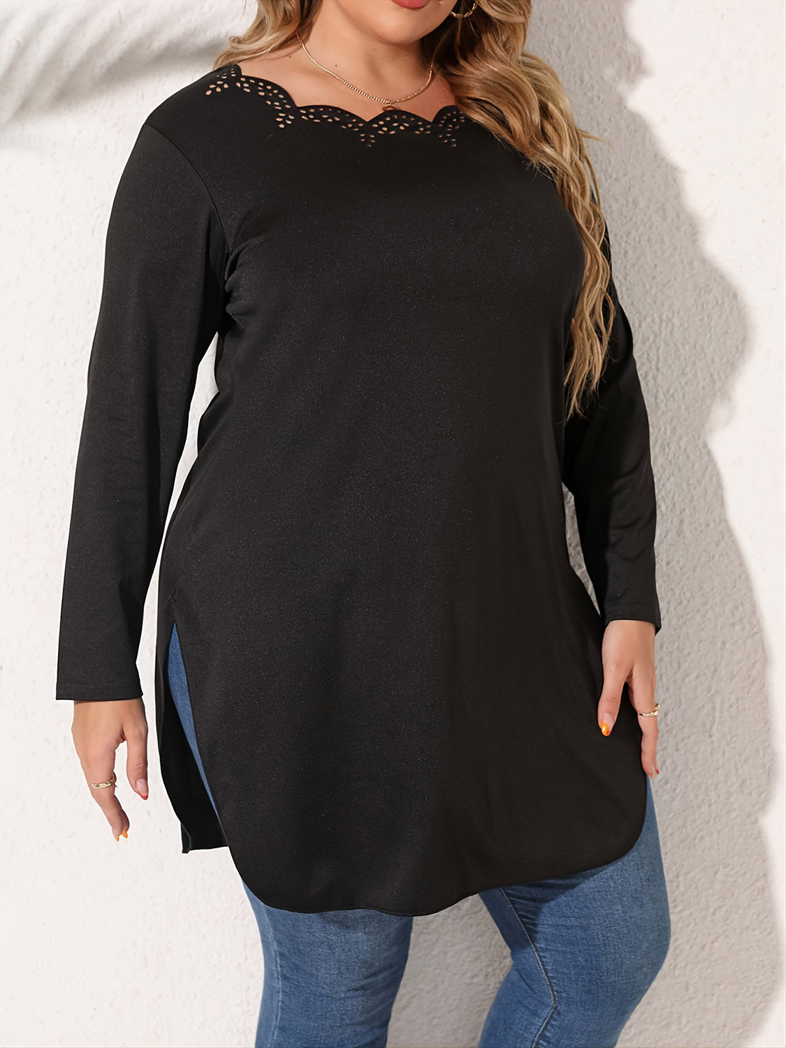 Black Slit Long Sleeve Shirt ( 1XL - 4X)