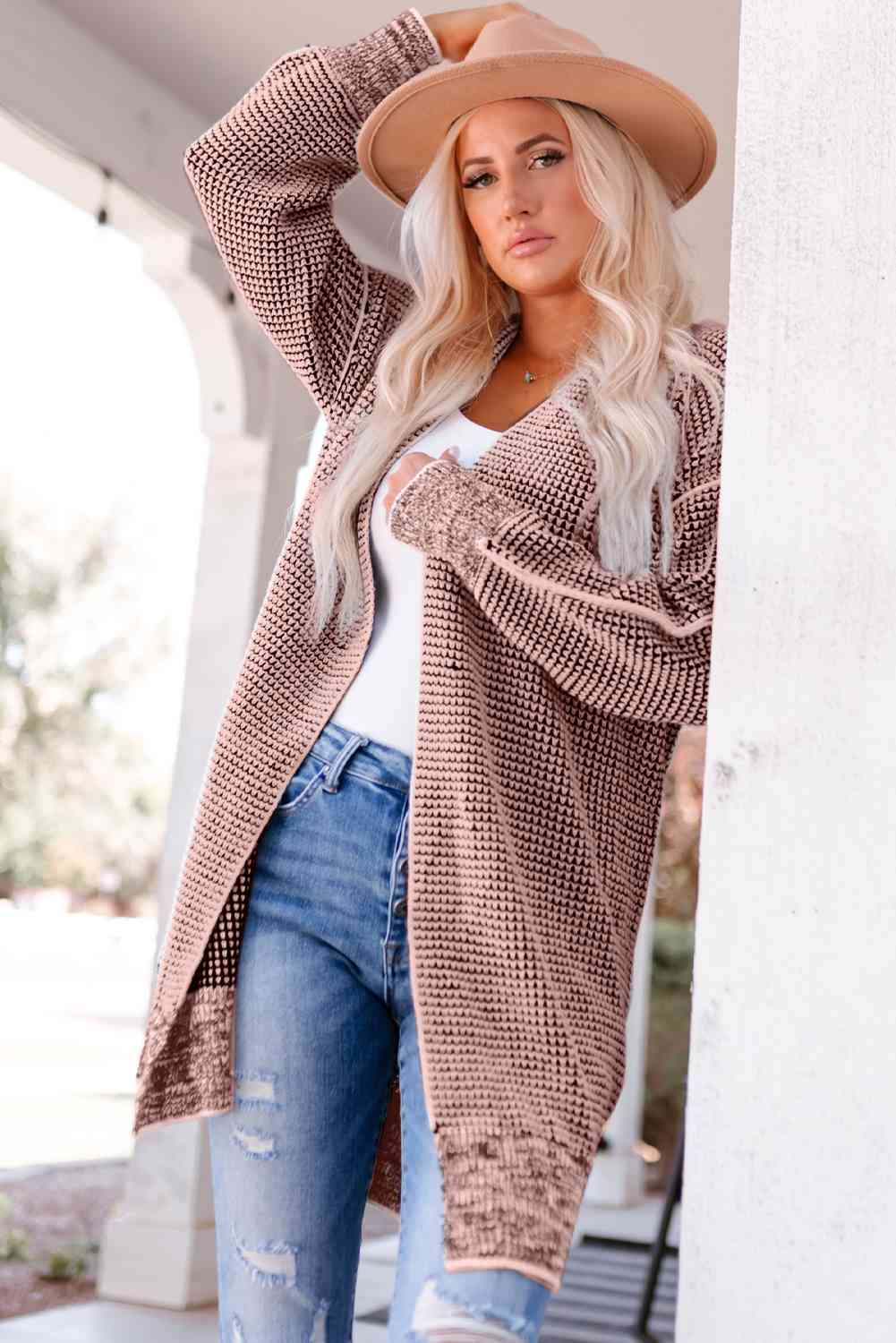 Woven Right Heathered Open Front Longline Cardigan