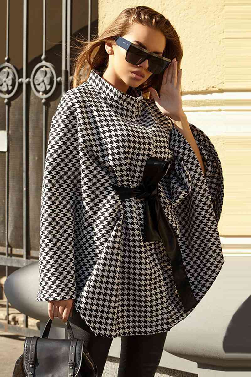 Classic Houndstooth Tie Waist Lightweight Poncho