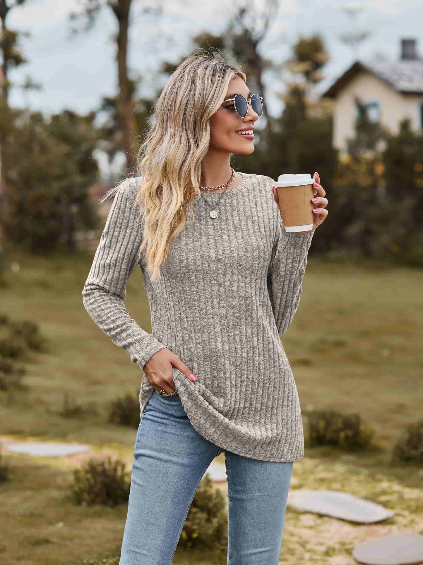 Casual Heather Ribbed Tunic Shirt ( S - 2X / 9 Colors )