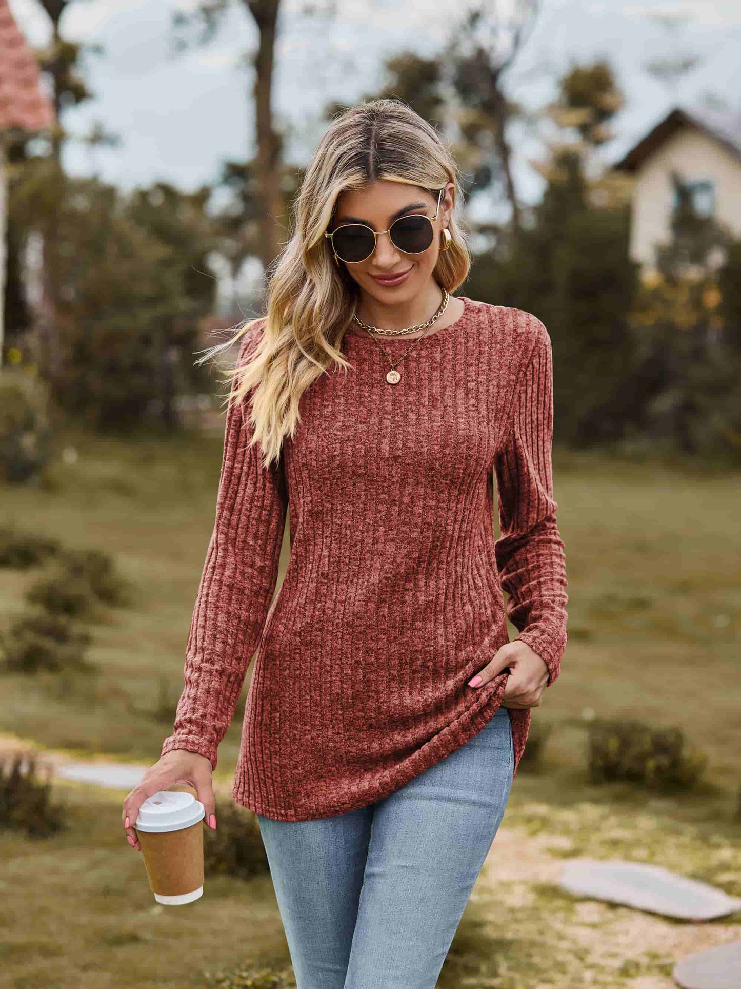 Casual Heather Ribbed Tunic Shirt ( S - 2X / 9 Colors )