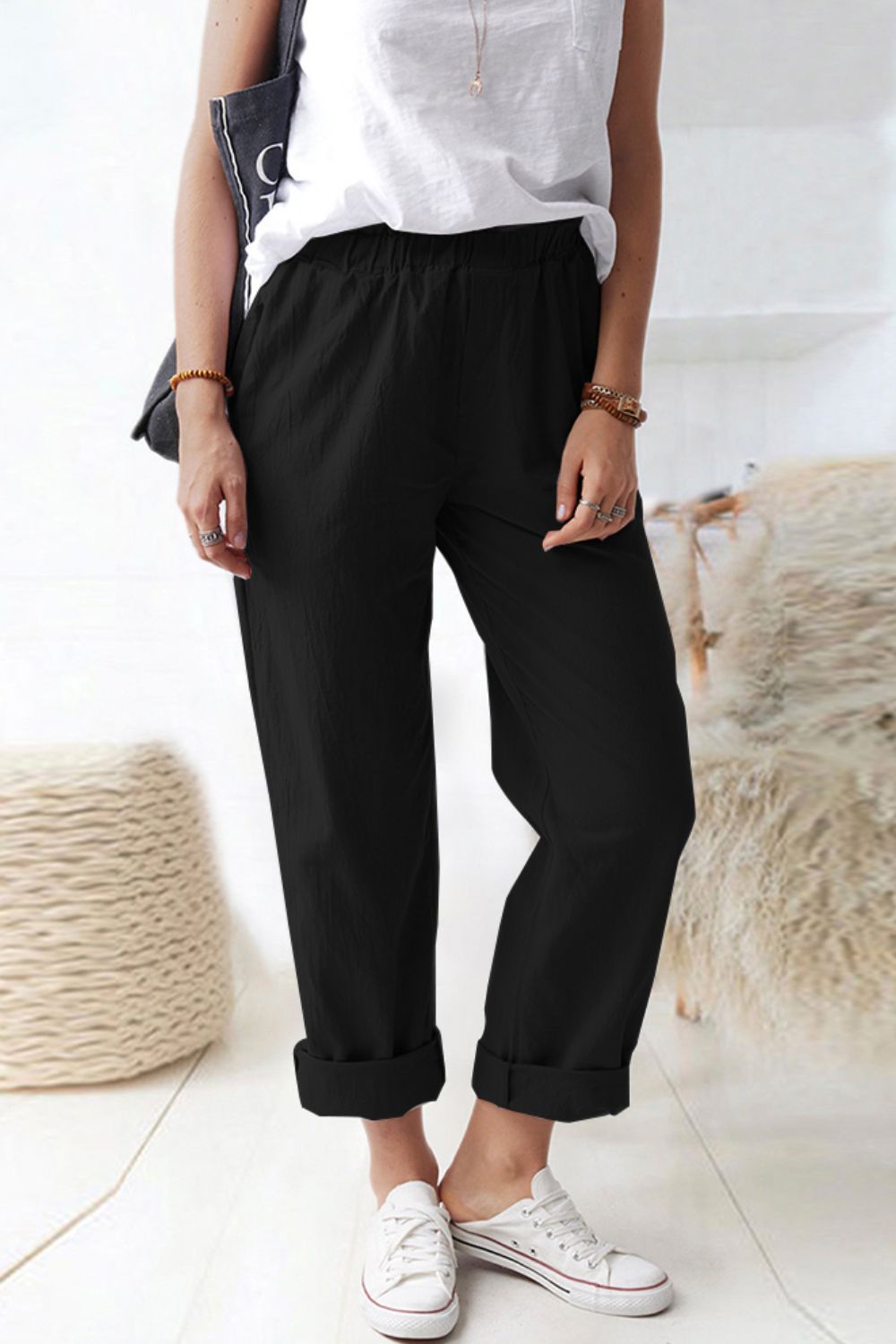 Paperbag Waist Cuffed Pants ( 2 Colors / S -2X )