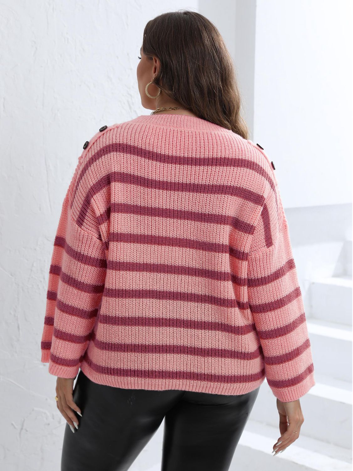 3 Cozy Striped Dropped Shoulder Sweater ( XL - 3X )