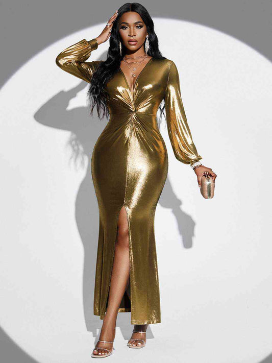 Classy Gold Twisted Slit Dress
