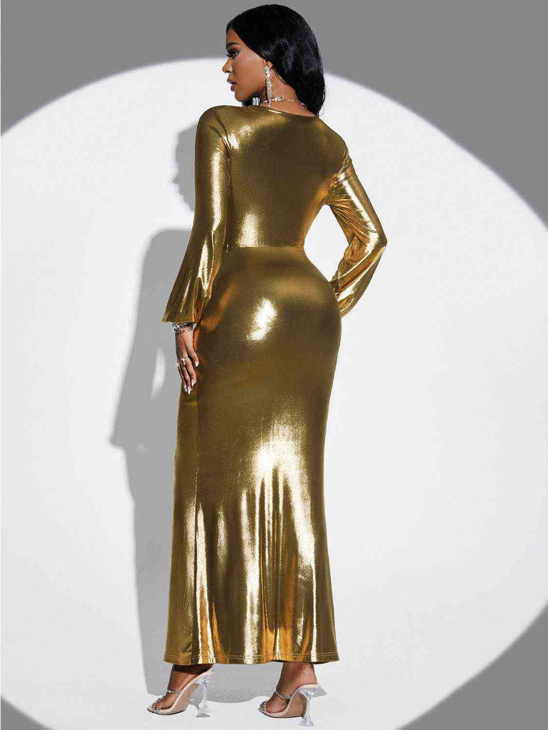 Classy Gold Twisted Slit Dress