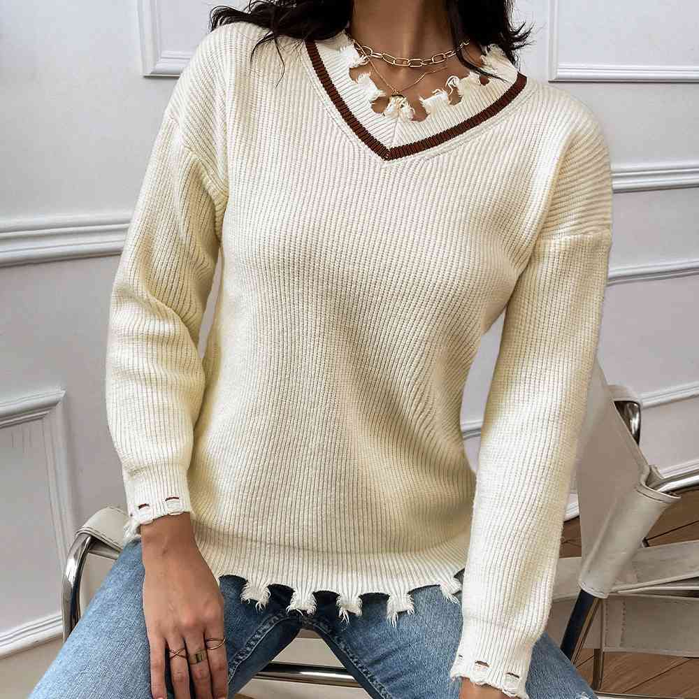Frayed Detail V-Neck Sweater