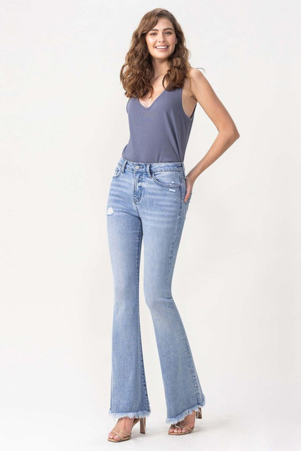 Chic High Rise Fray Flare Jeans ( 24 - 22W )