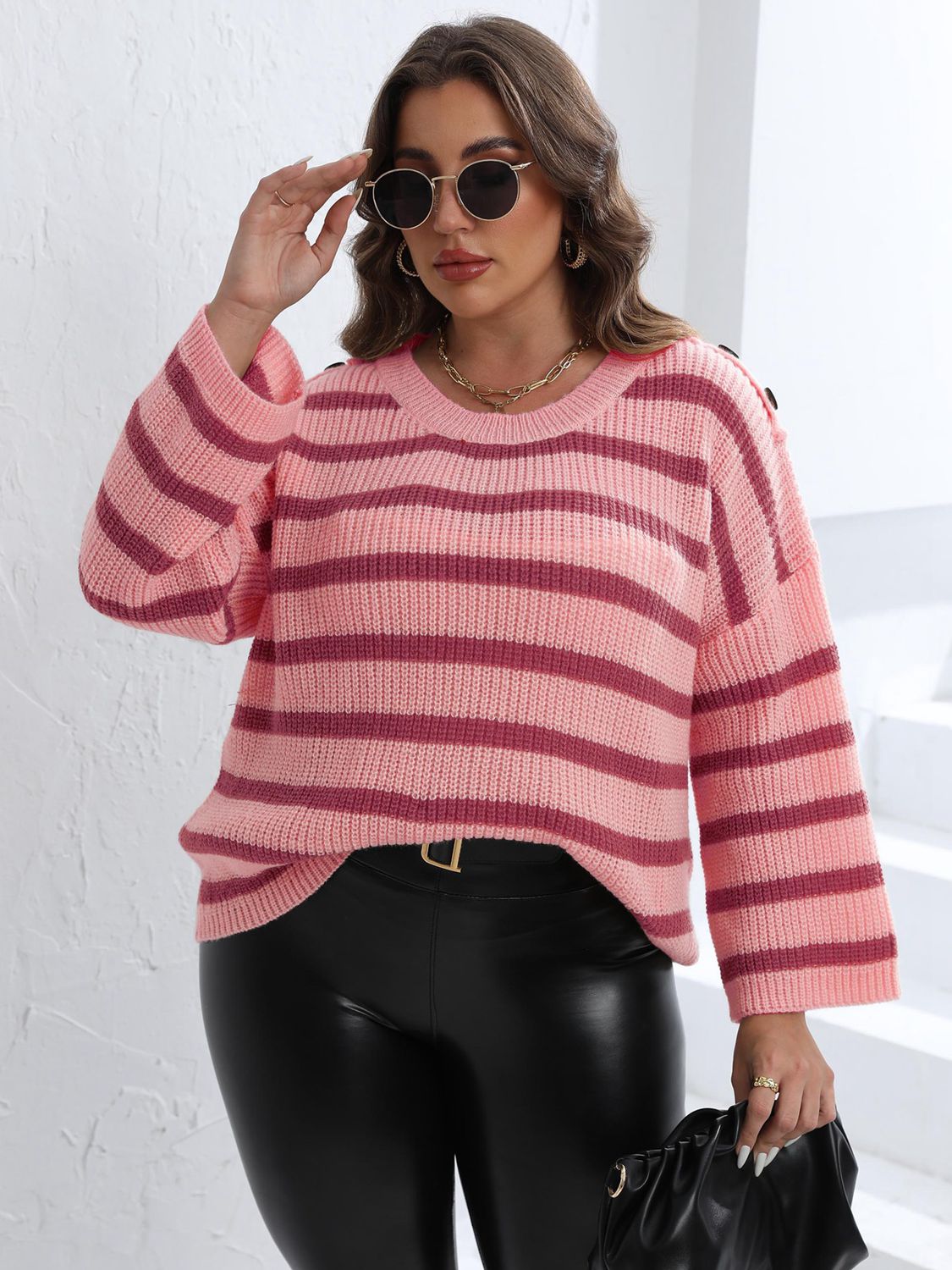 3 Cozy Striped Dropped Shoulder Sweater ( XL - 3X )