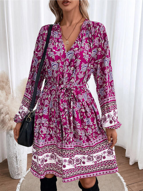 Elegant Floral Tie Balloon Sleeve Dress