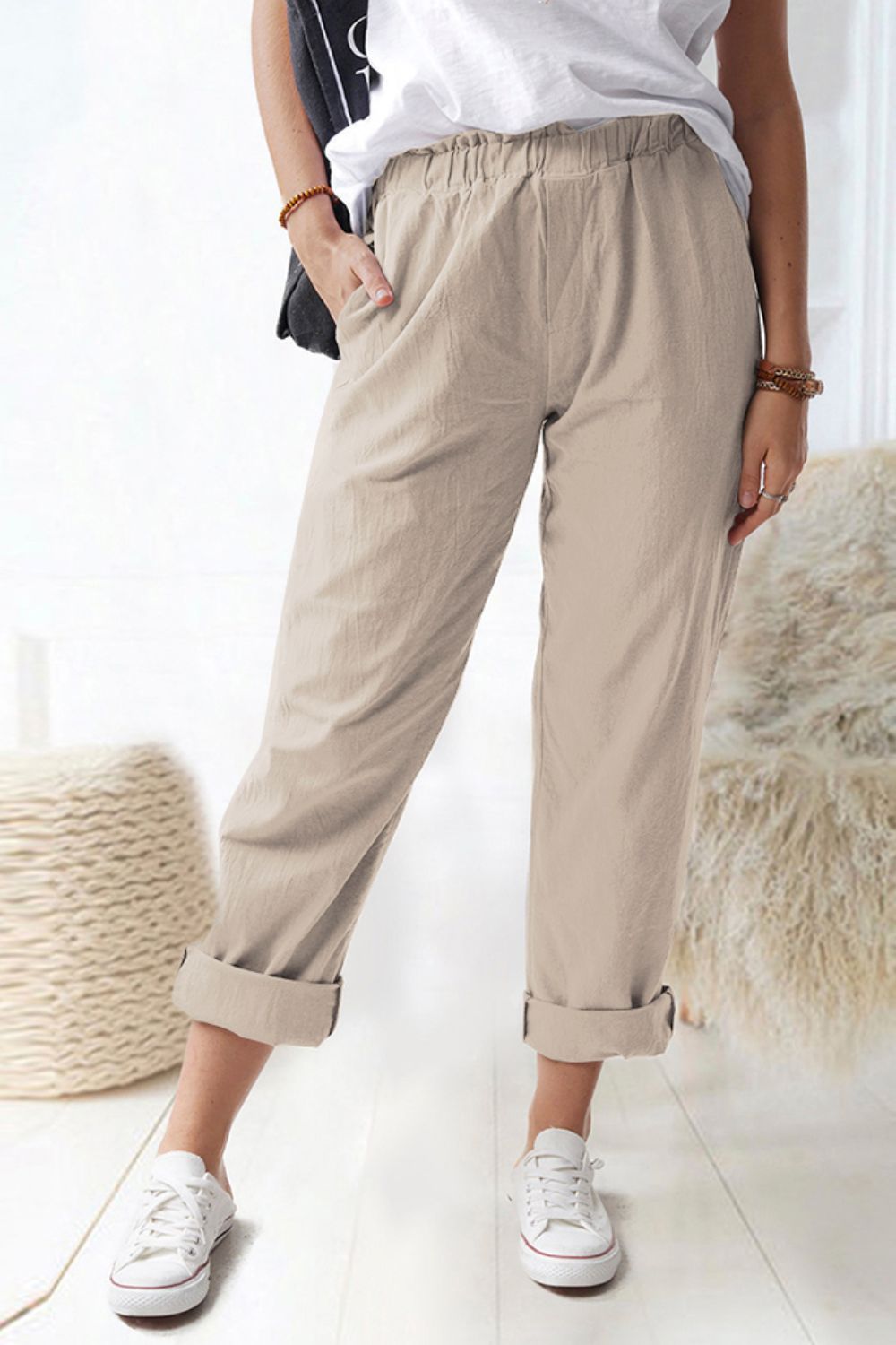 Paperbag Waist Cuffed Pants ( 2 Colors / S -2X )