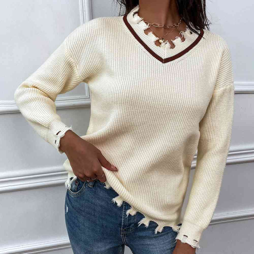 Frayed Detail V-Neck Sweater